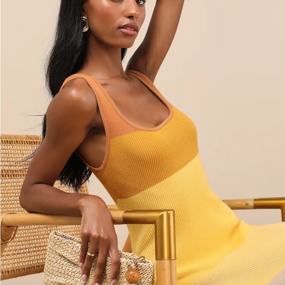 Delfi Yellow Color Block Fringe Sweater Midi Dress